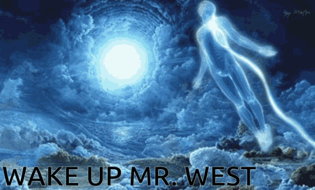 a painting of a person floating in the air with the words wake up mr. west below it