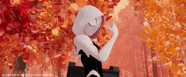 a cartoon character is standing in front of a forest with leaves on the ground .