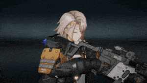 a video game character holding a gun with a triangle on the side