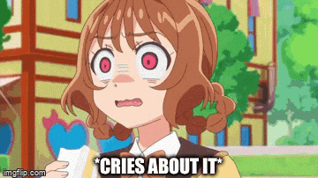 a cartoon girl is crying while holding a piece of paper with the words * cries about it * below her