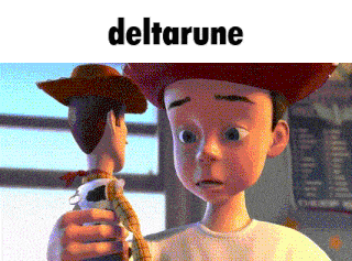 a boy from toy story is holding a woody doll and the word deltarune is above him .