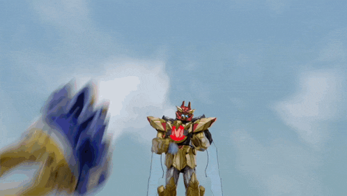a robot with the letter m on its chest is flying in the sky
