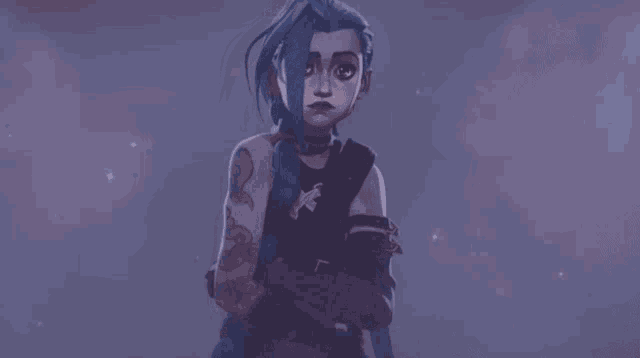 a cartoon character with blue hair and the word hi on the bottom