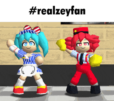 a couple of cartoon characters standing next to each other with #realzeyfan written above them