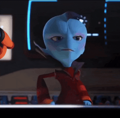 a cartoon character with a blue head and a red jacket