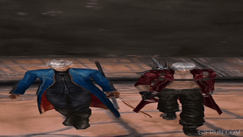 two devil may cry characters standing next to each other with gifrun.com in the corner