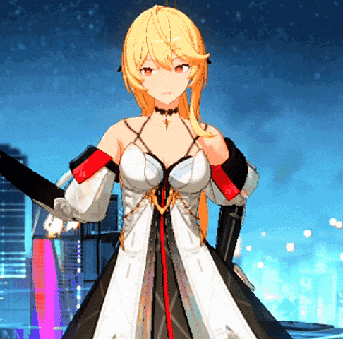 a girl with blonde hair and a white dress is standing in front of a city skyline