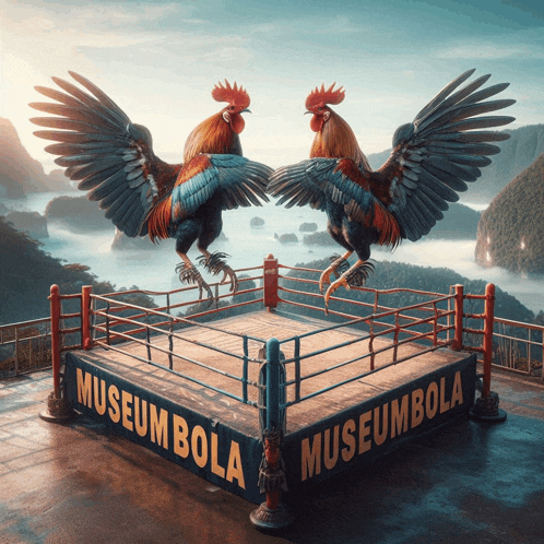 two roosters are standing in a boxing ring that says museum bola on it