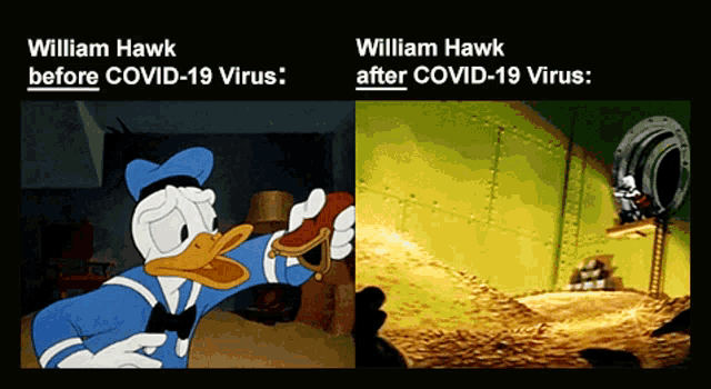 a cartoon of donald duck and a picture of a pile of gold