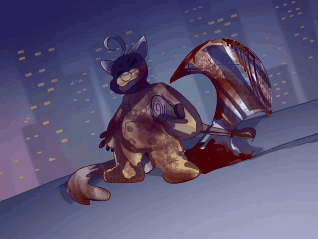 a drawing of a cat holding a hammer with a city in the background