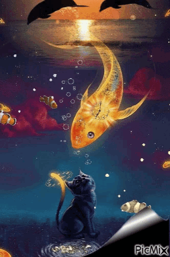 a painting of a cat looking up at a goldfish in the ocean