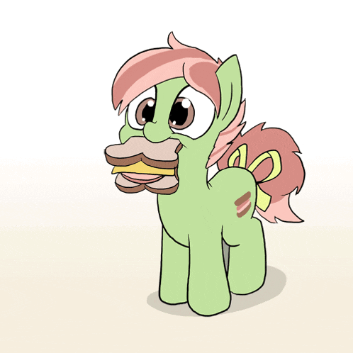 a cartoon pony eating a sandwich with a slice missing