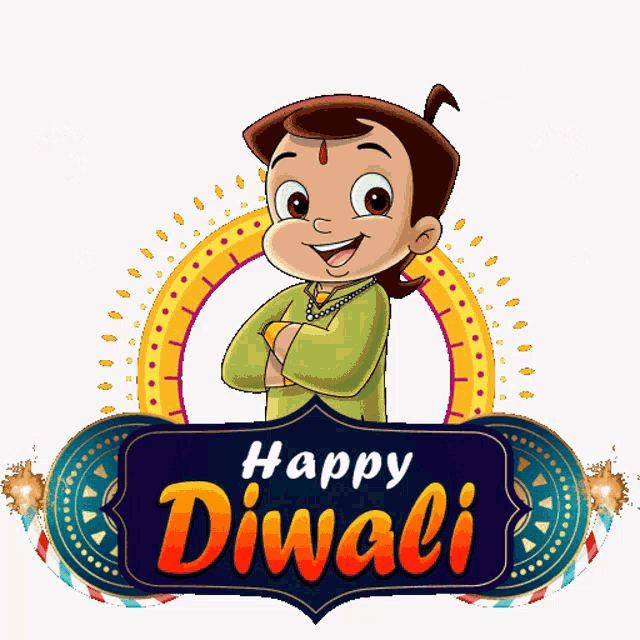 a happy diwali sign with a cartoon character