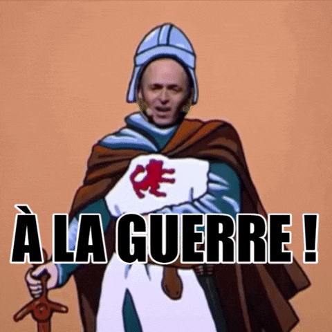a cartoon of a man in a cape holding a sword with the words a la guerre below him