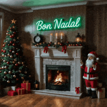 a fireplace with a sign that says bon nadal above it
