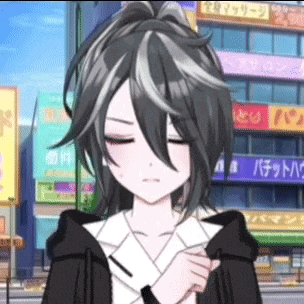 a girl with a black and white haircut is standing in front of a building with a sign that says ' s '