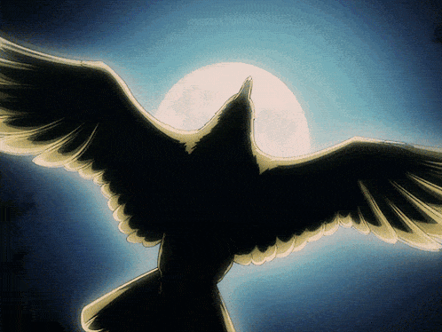 a drawing of a bird with its wings spread in front of the moon