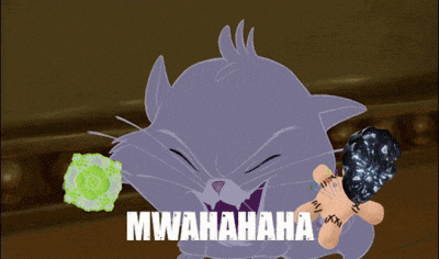 a cartoon cat is holding a bone with the words mwahaha written below it