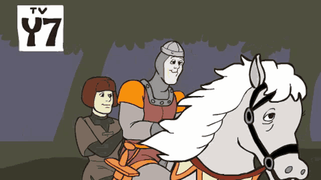 a cartoon of a man riding a white horse with a tv y7 logo behind him
