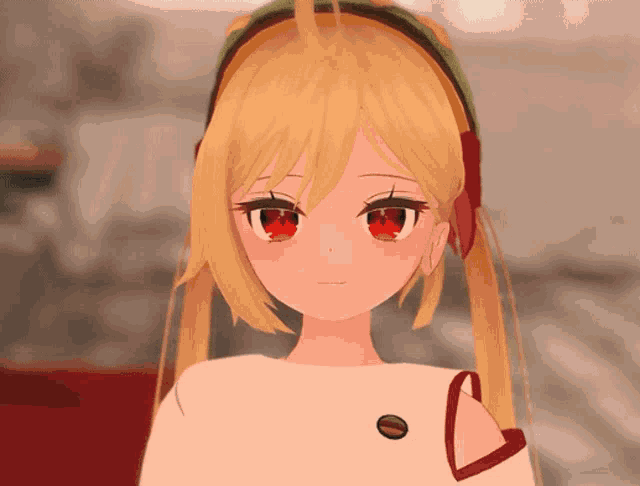 a 3d anime girl with red eyes and a heart on her shoulder