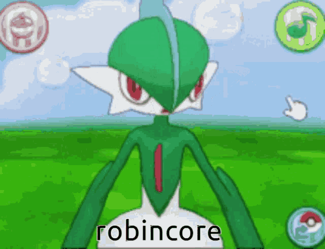a green and white pokemon with the word robincore written on it