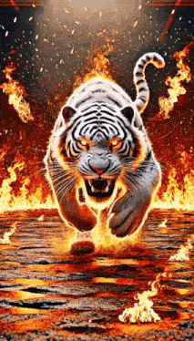 a white tiger is jumping through a fire filled area