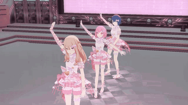 a group of anime girls are standing on a stage with their hands in the air