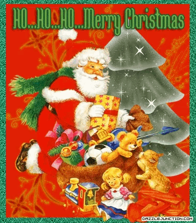 a christmas card with santa claus carrying a bag full of toys