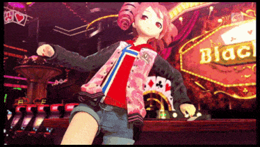 a girl in a pink jacket stands in front of a sign that says black