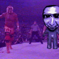 a purple background with a man in red shorts and a man in blue shorts standing in front of a crowd