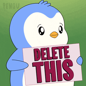 a penguin is holding a pink sign that says delete this