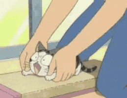 a cartoon of a person petting a cat on a table .