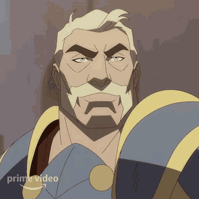 a cartoon of a man with a beard and a shield with the word prime video below it