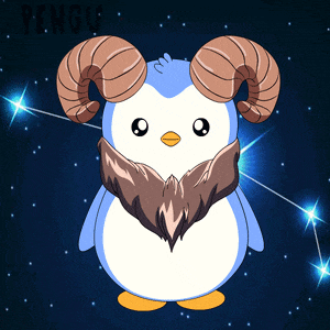 a penguin with ram horns and a beard is standing in front of a starry sky