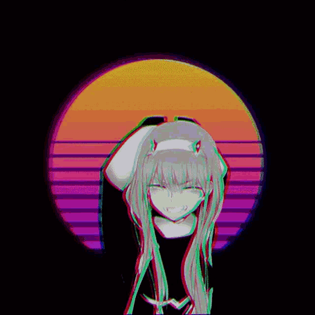 a girl with horns on her head is standing in front of a sunset in a circle .