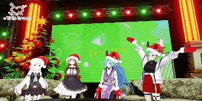 a group of anime girls wearing santa hats are standing in front of a large screen that says ' triple bread ' on it