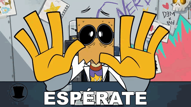 a cartoon character with a paper bag on his face says " esperate " in white letters