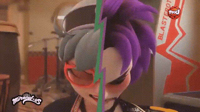 a cartoon character with purple hair and glasses is standing next to another cartoon character with purple hair and glasses .