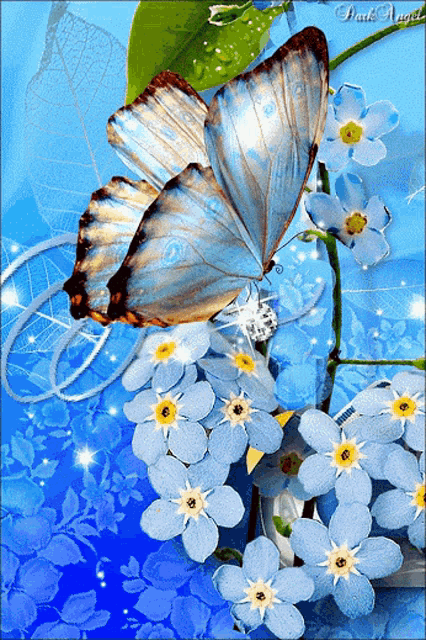 a butterfly is sitting on a branch of blue flowers with a blue background