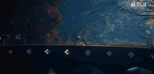 a couple standing on a bridge with a netflix logo on the bottom