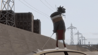 a cartoon character is standing on the roof of a car