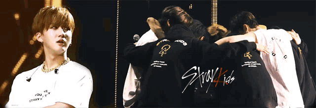 a group of people wearing shirts that say " stray kids "