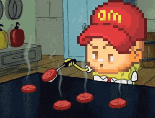 a cartoon character wearing a red mcdonald 's hat is cooking hamburgers