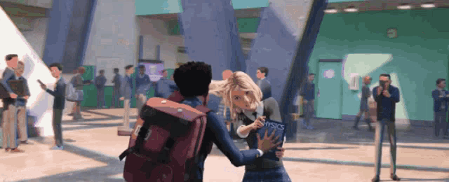 a boy and a girl are hugging in a hallway with a book that says physics on it