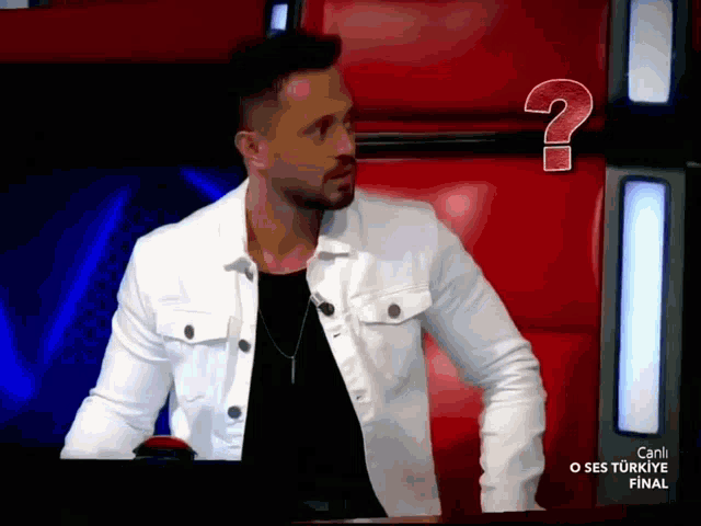 a man in a white jacket is sitting in front of a red chair with a question mark above him