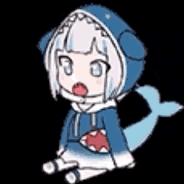 a cartoon girl in a shark costume is sitting on the ground .