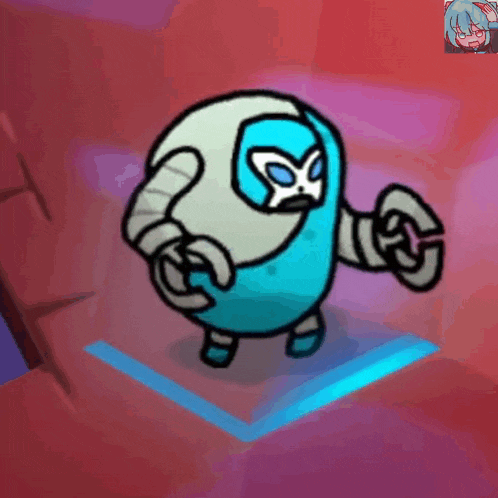 a cartoon character with a mask on is standing on a blue platform