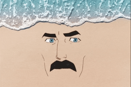 a cartoon of a man with a mustache standing on a beach with the ocean waves crashing on his face .