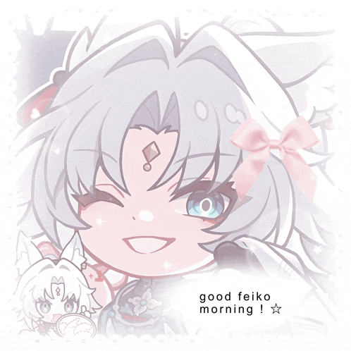 a picture of a girl with white hair and blue eyes with the words good feiko morning