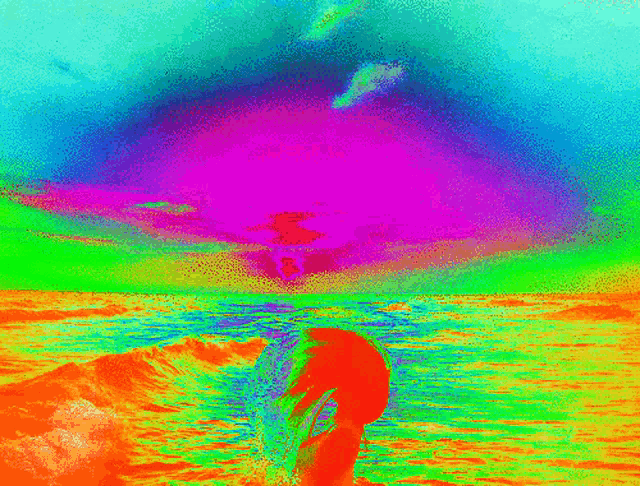 a colorful painting of a woman standing in the ocean